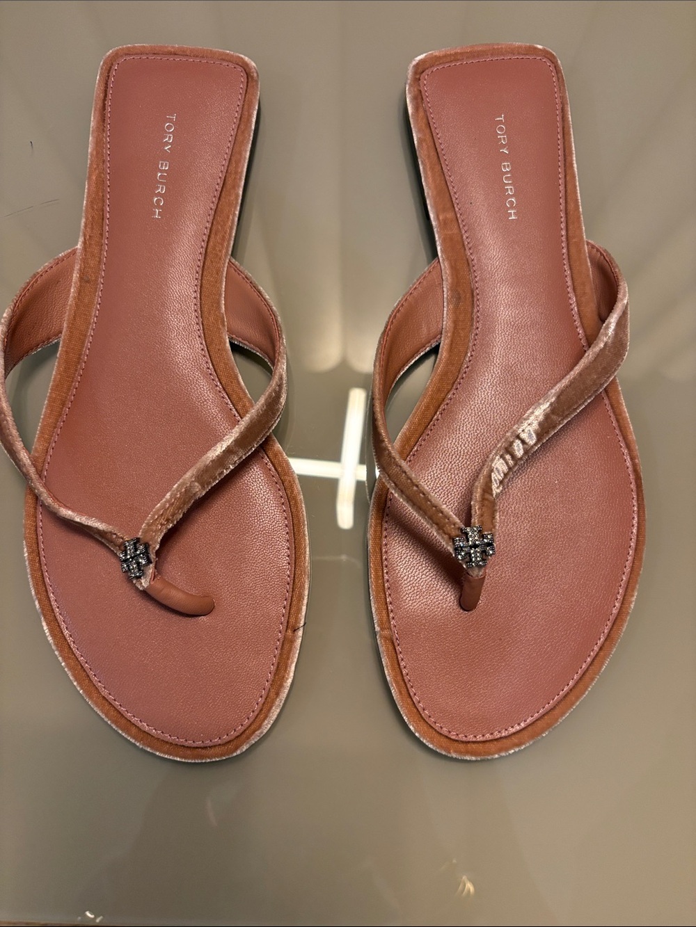 Tory Burch Velvet Thong Sandals in Rose Brown with Jewel Accent